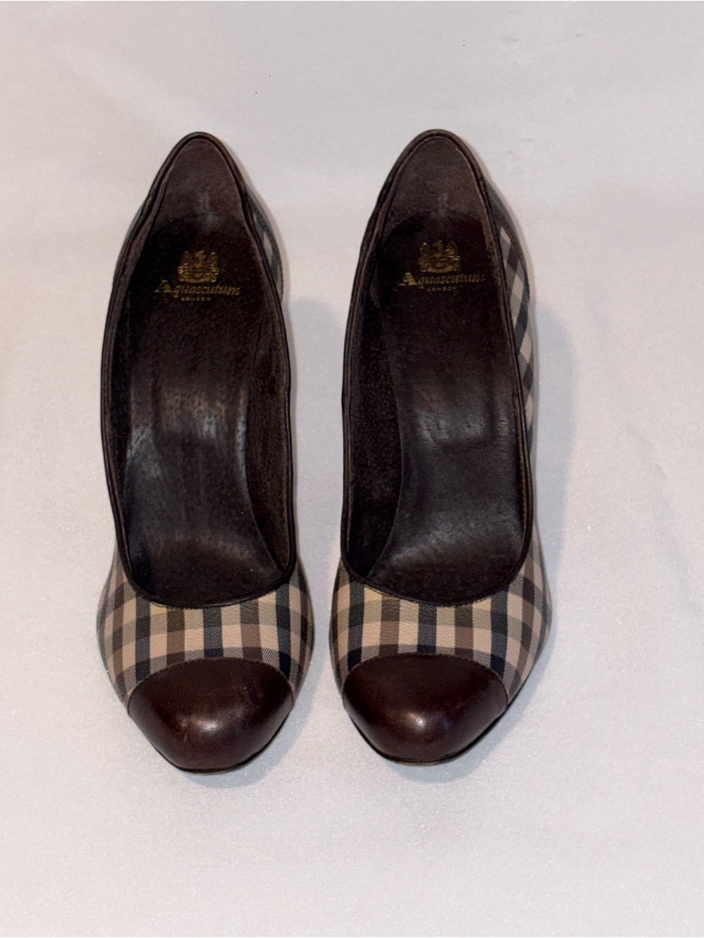 Aquazzura Plaid Pumps with Brown Leather Cap-Toe
